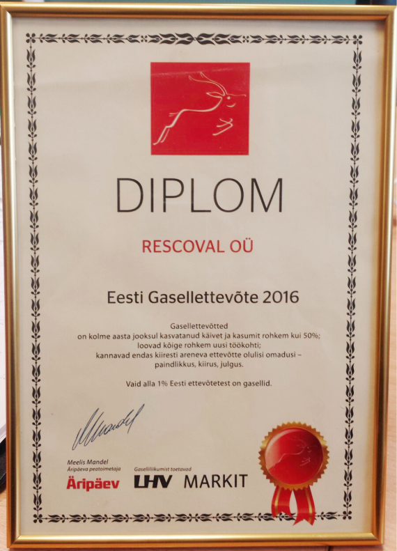 Rescoval sai Eesti Gasellettevõtte 2016 tunnustuse